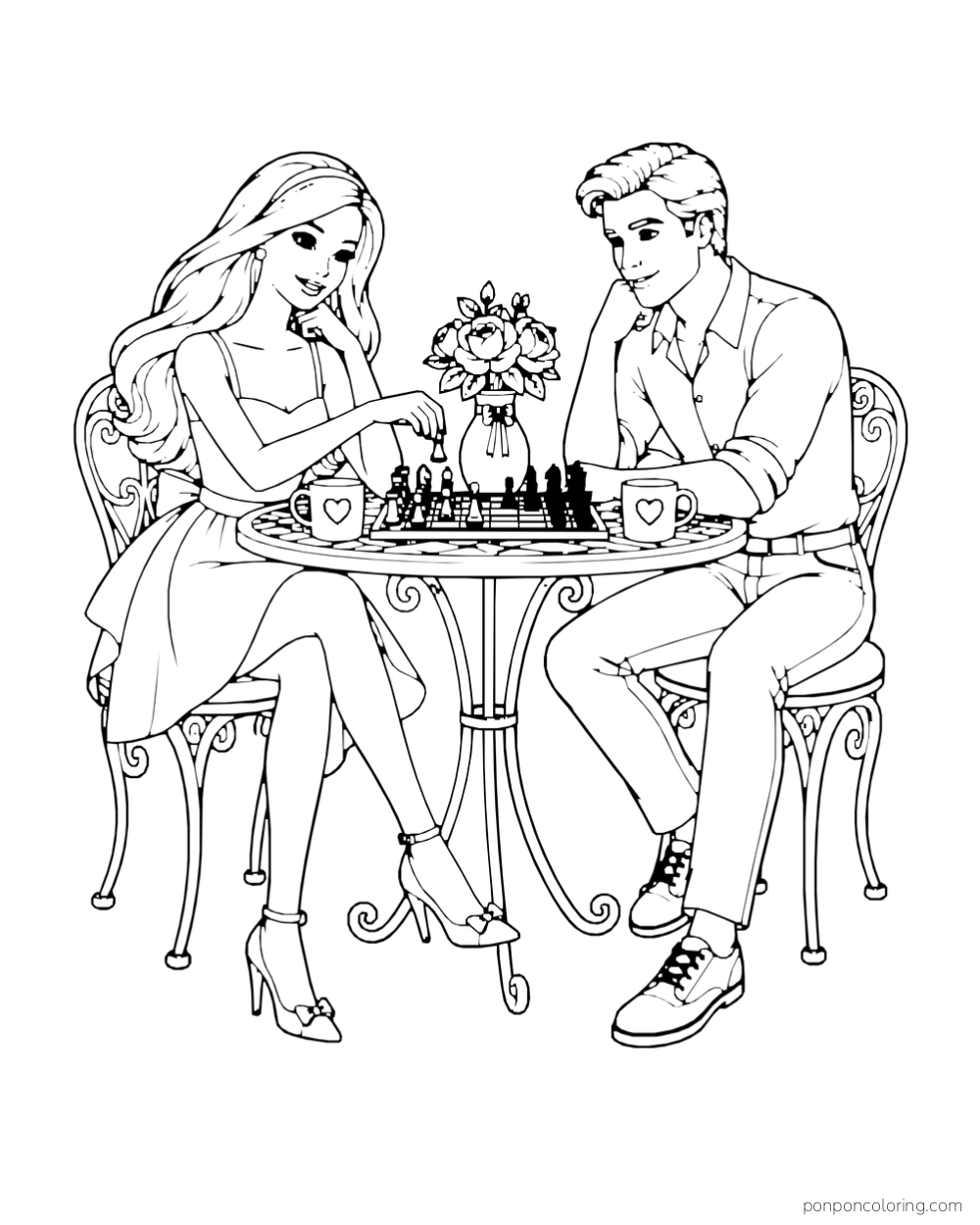 Barbie and Ken play chess at a round table with two mugs and a flower vase.