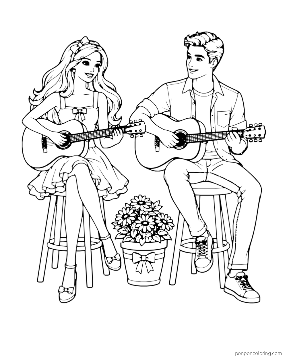 Barbie and Ken play guitars on two stools beside a flowerpot.