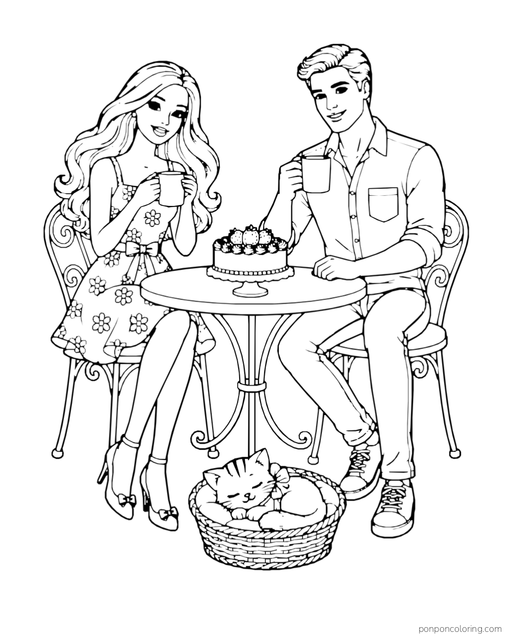 Barbie and Ken hold mugs beside a cake on a round table while a kitten sleeps in a basket.