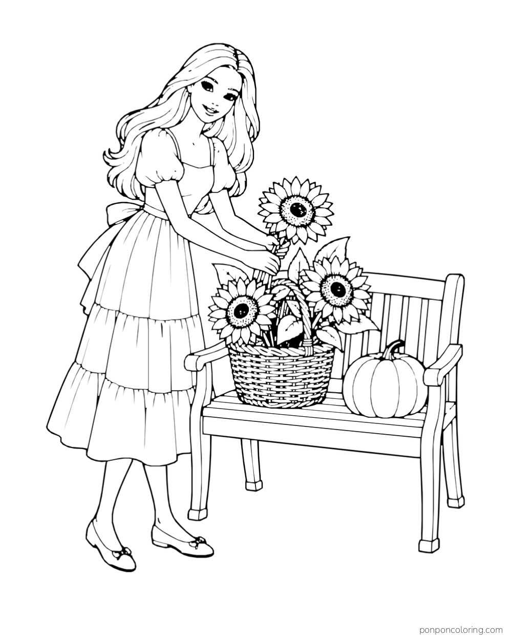 Barbie arranges sunflowers in a basket on a bench beside a pumpkin.
