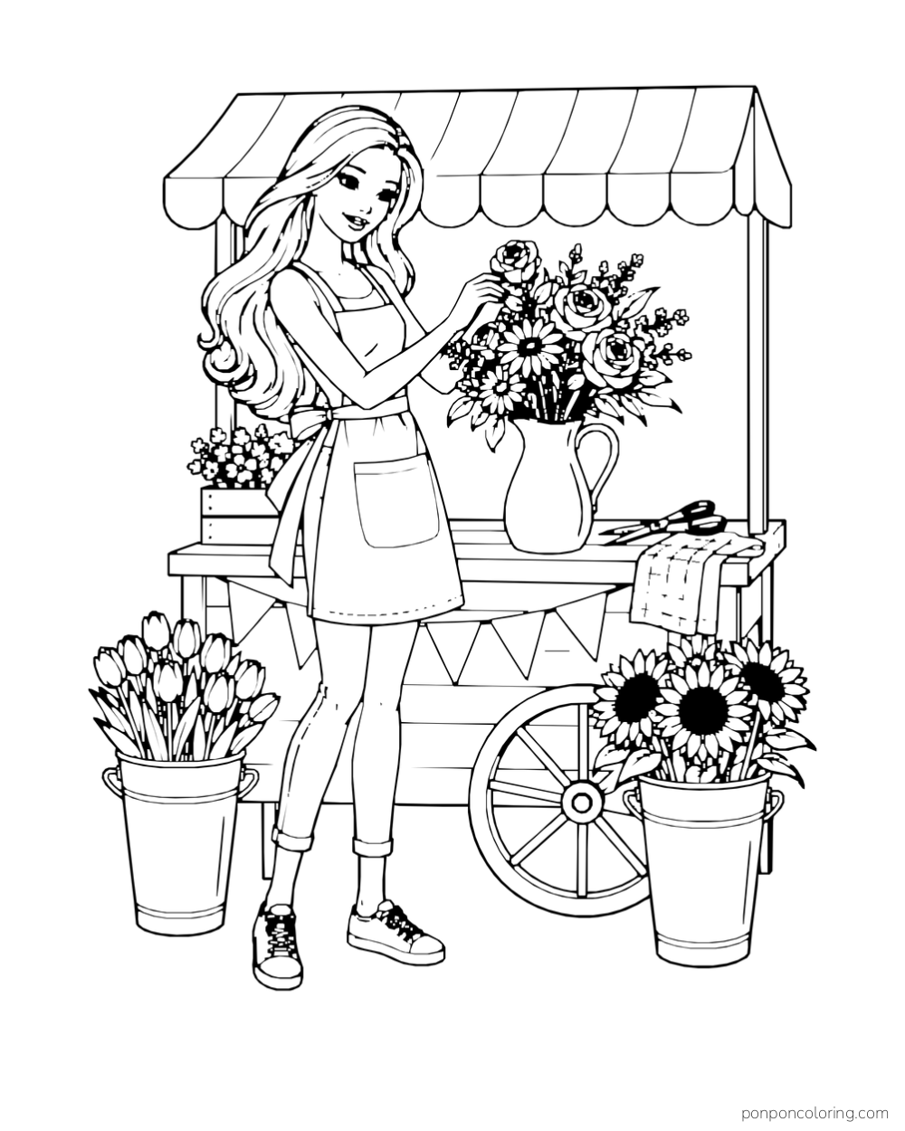 Barbie arranges a bouquet in a pitcher at a flower cart with a striped awning and buckets of blooms.