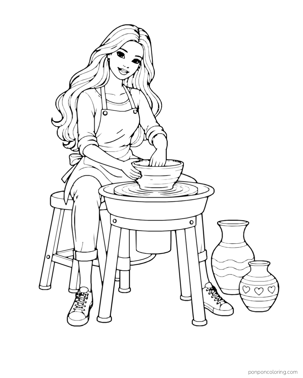Barbie shapes a bowl on a pottery wheel beside two decorated vases.