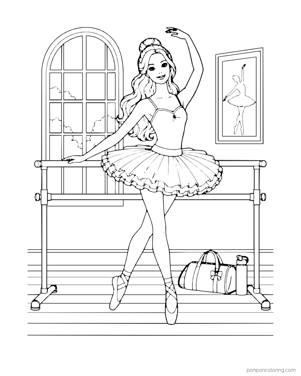 Barbie practices a ballet pose in a tutu beside a portable barre, an arched window and a dance bag.