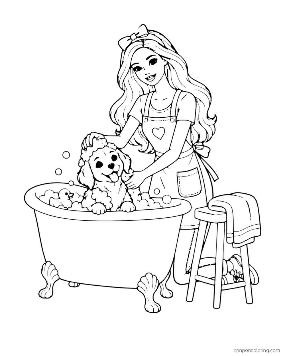 Barbie bathes a puppy in a freestanding tub beside a towel draped over a stool.