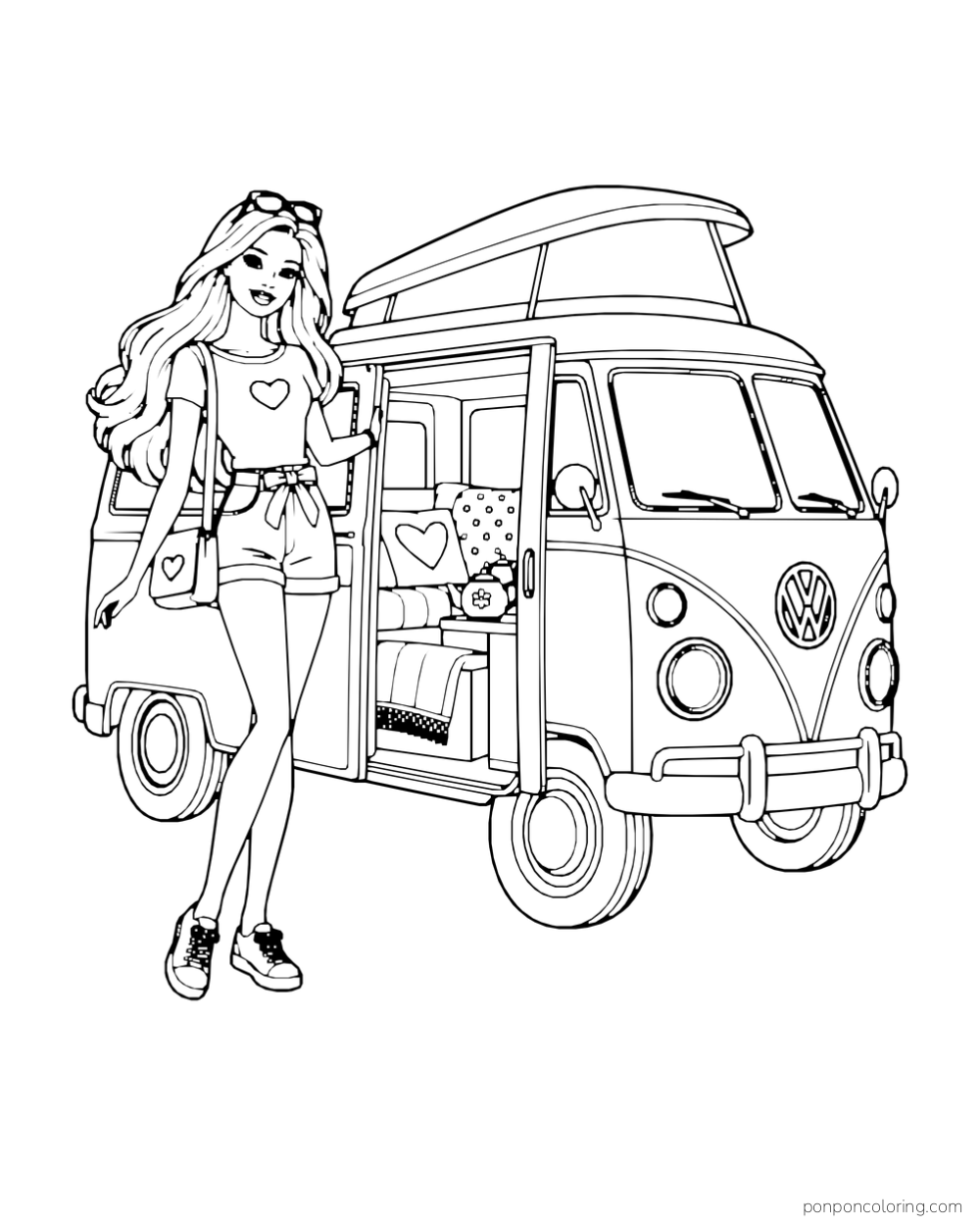 Barbie stands beside a camper van with a raised roof and open side door.