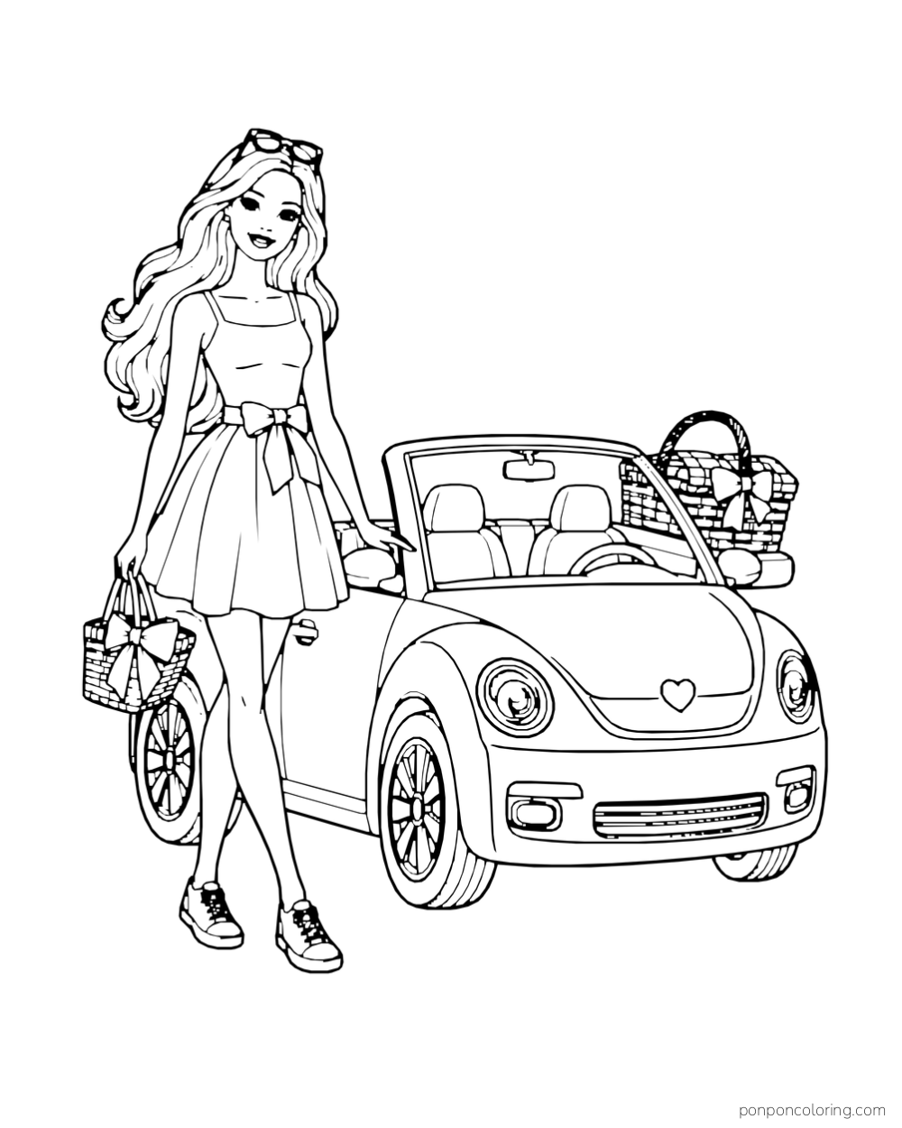 Barbie stands beside a convertible with a picnic basket behind its seats.