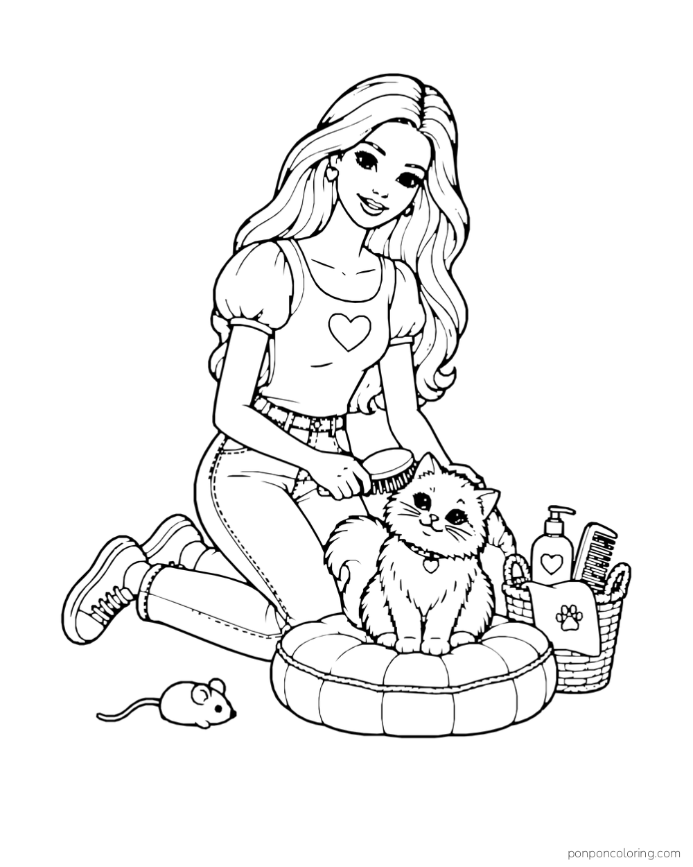 Barbie brushes a cat on a round cushion beside a grooming basket and a toy mouse.