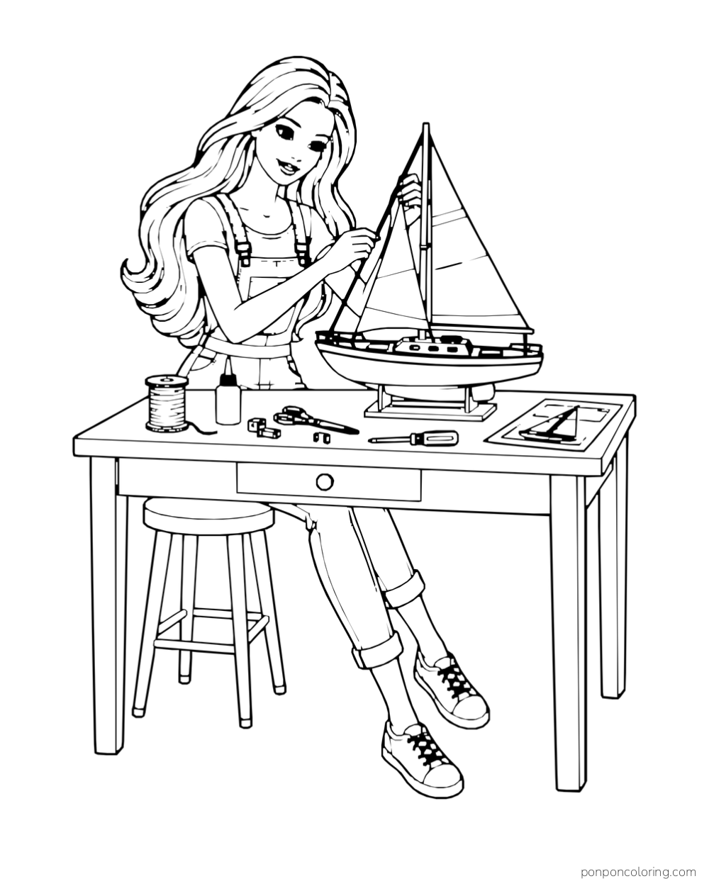Barbie works on a model sailboat at a table with tools, thread and plans.