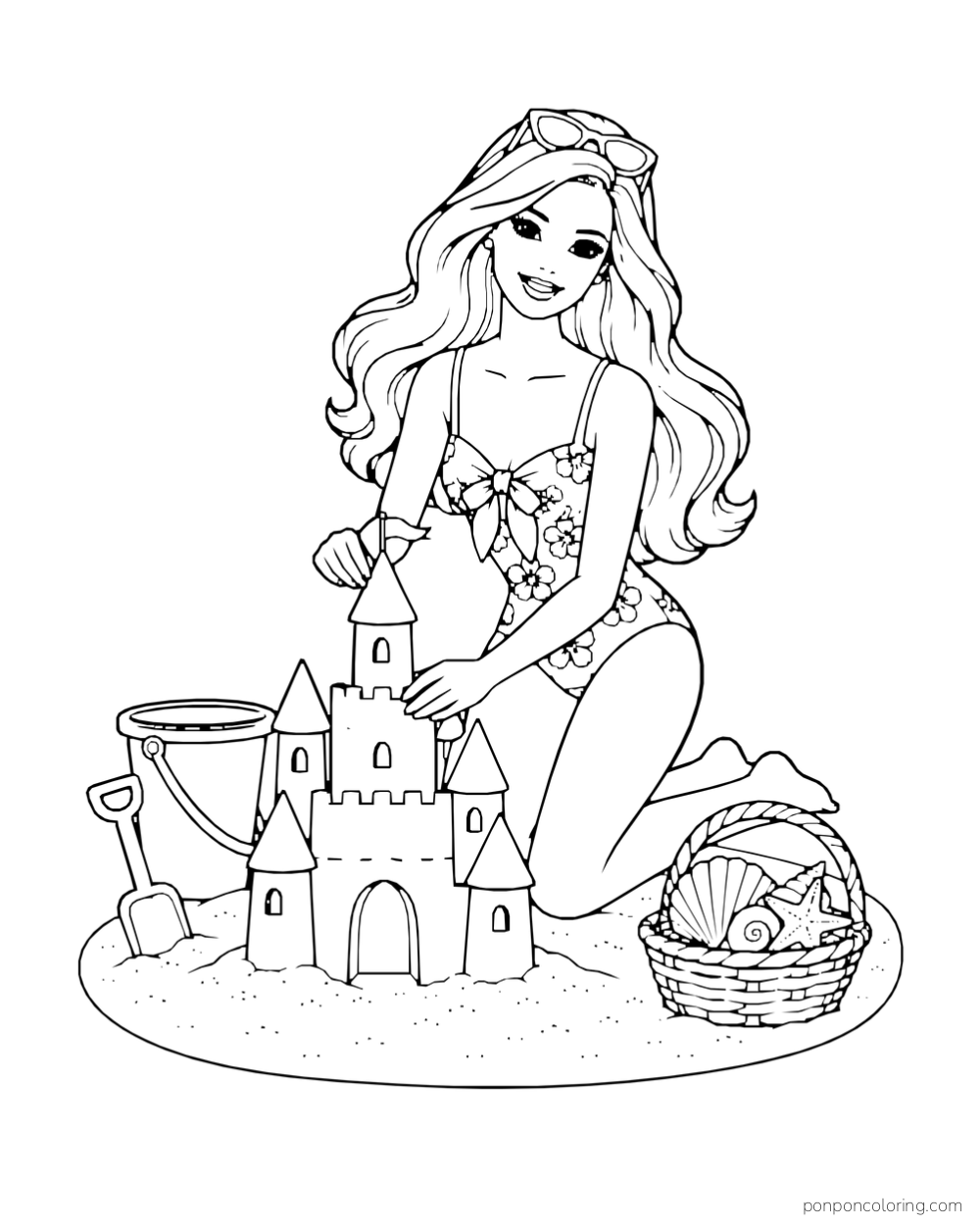 Barbie kneels beside a sandcastle, bucket, shovel and basket of shells.