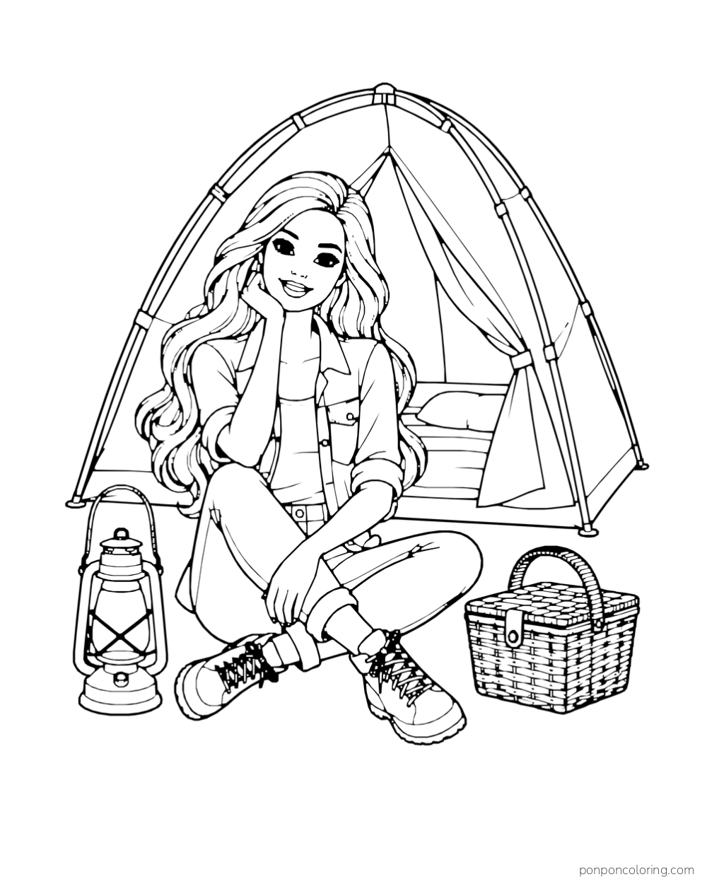 Barbie sits at the entrance of a tent beside a lantern and picnic basket.