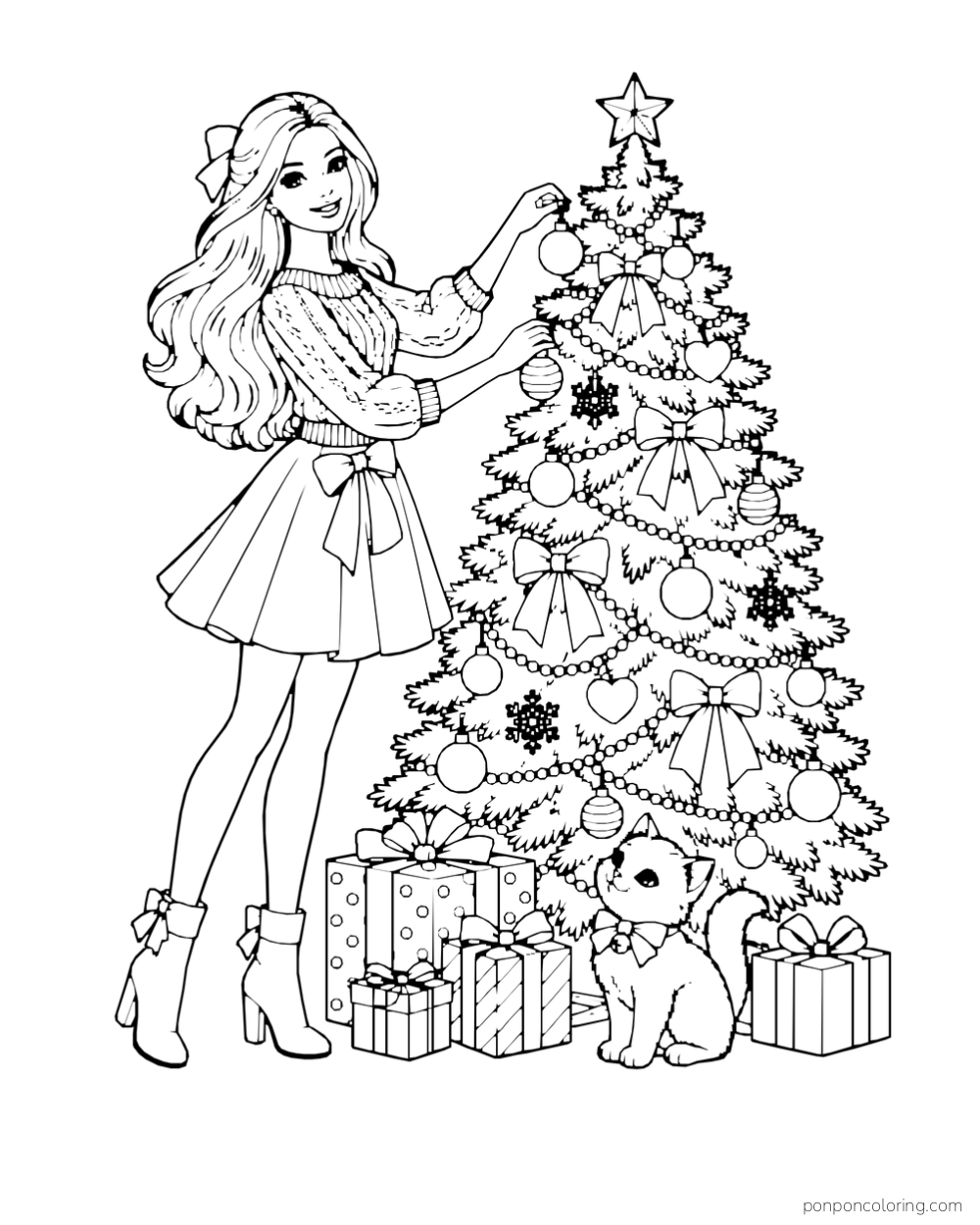 Barbie hangs an ornament on a Christmas tree beside gifts and a kitten.