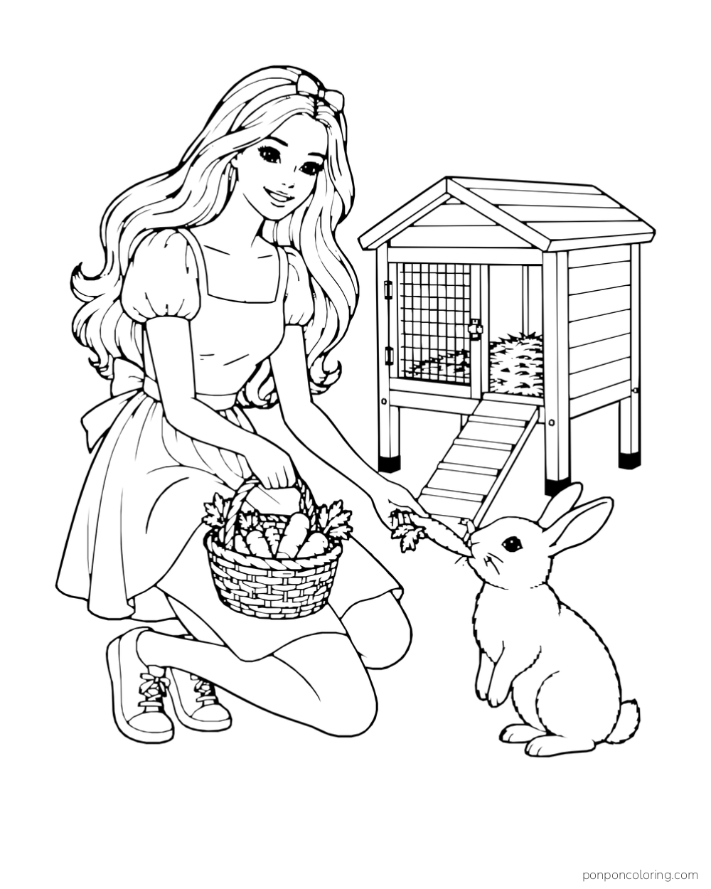 Barbie offers a carrot to a rabbit beside a raised hutch while holding a basket of carrots.