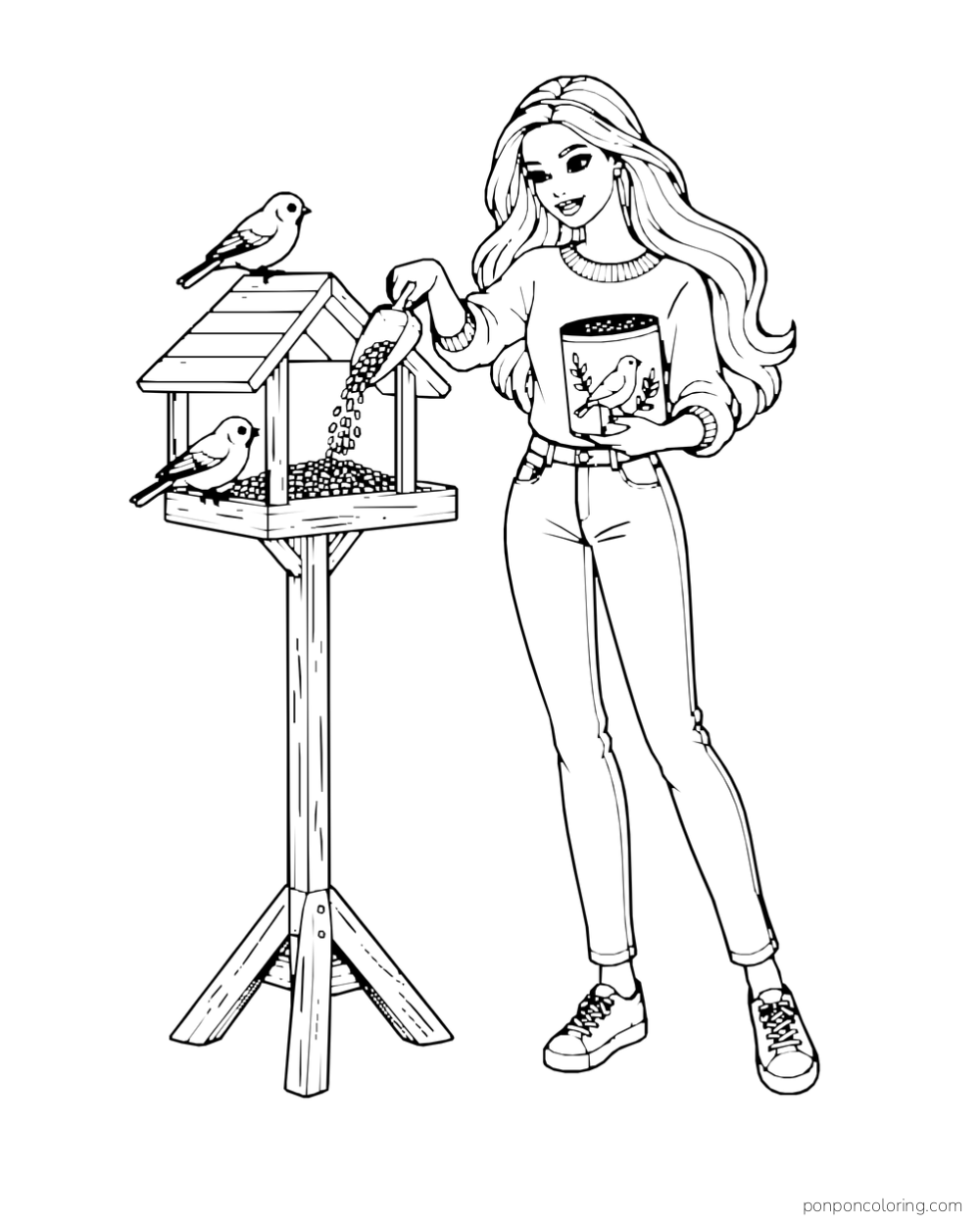 Barbie pours seed into a bird feeder on a wooden stand while two birds perch nearby.