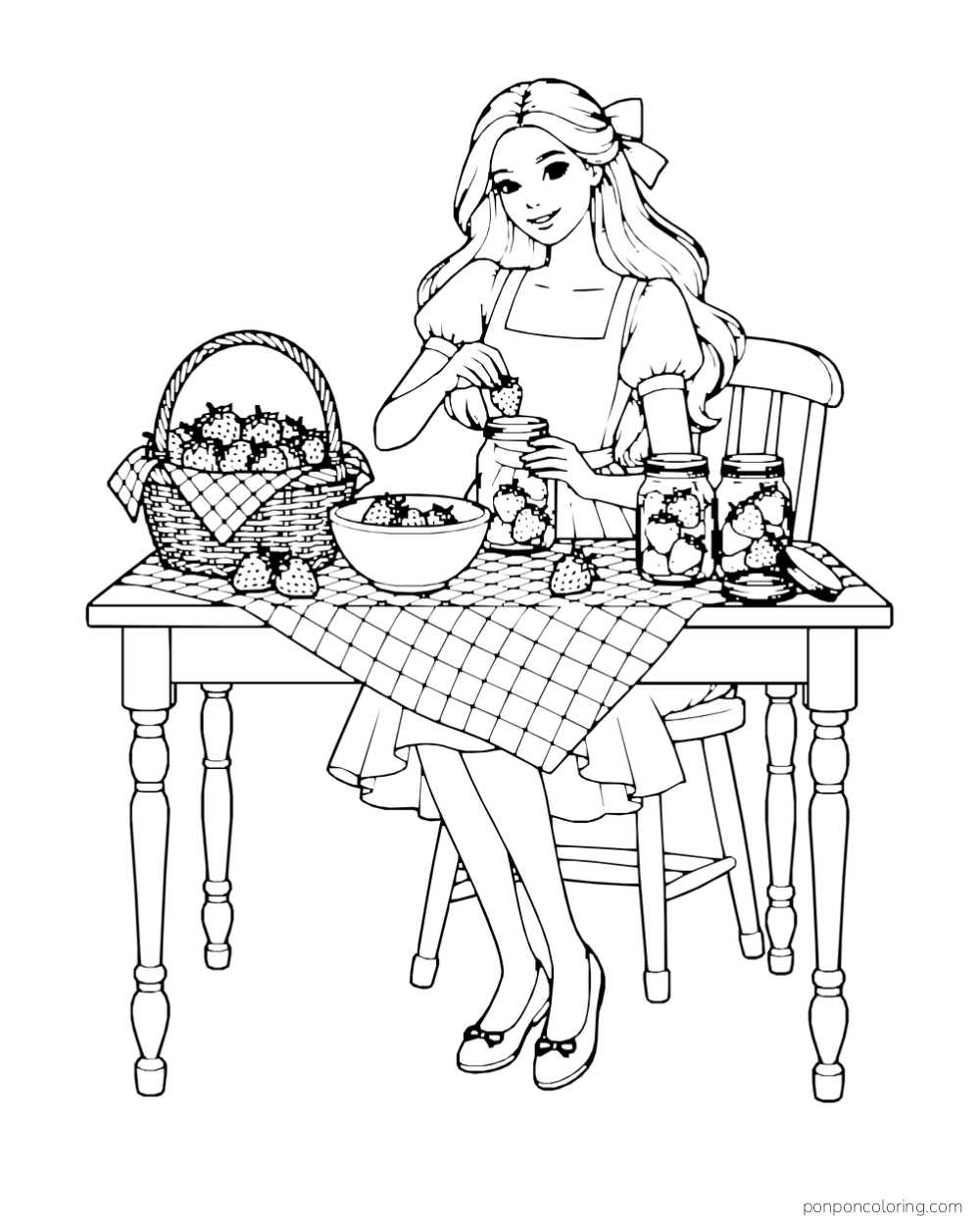 Barbie fills jars with strawberries at a table with a fruit basket, bowl and checked cloth.