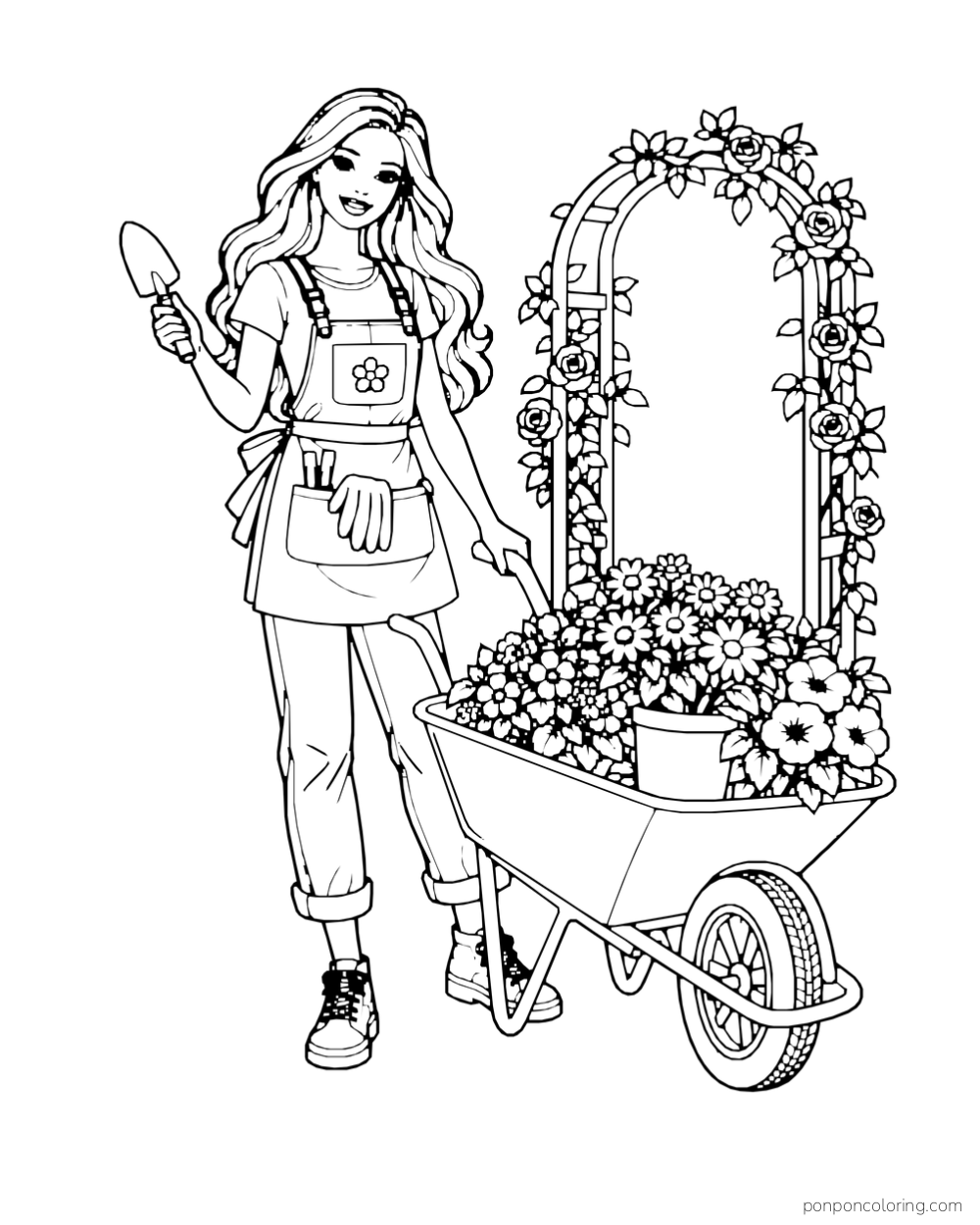 Barbie holds a trowel beside a wheelbarrow of flowerpots beneath a complete floral arch.