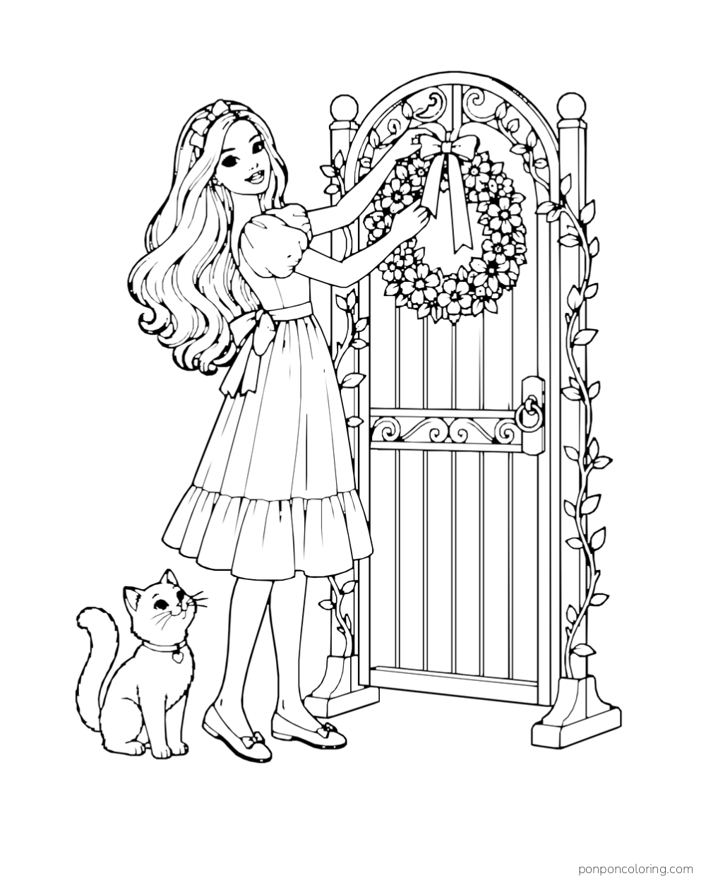 Barbie hangs a flower wreath on a freestanding garden gate beside a cat.