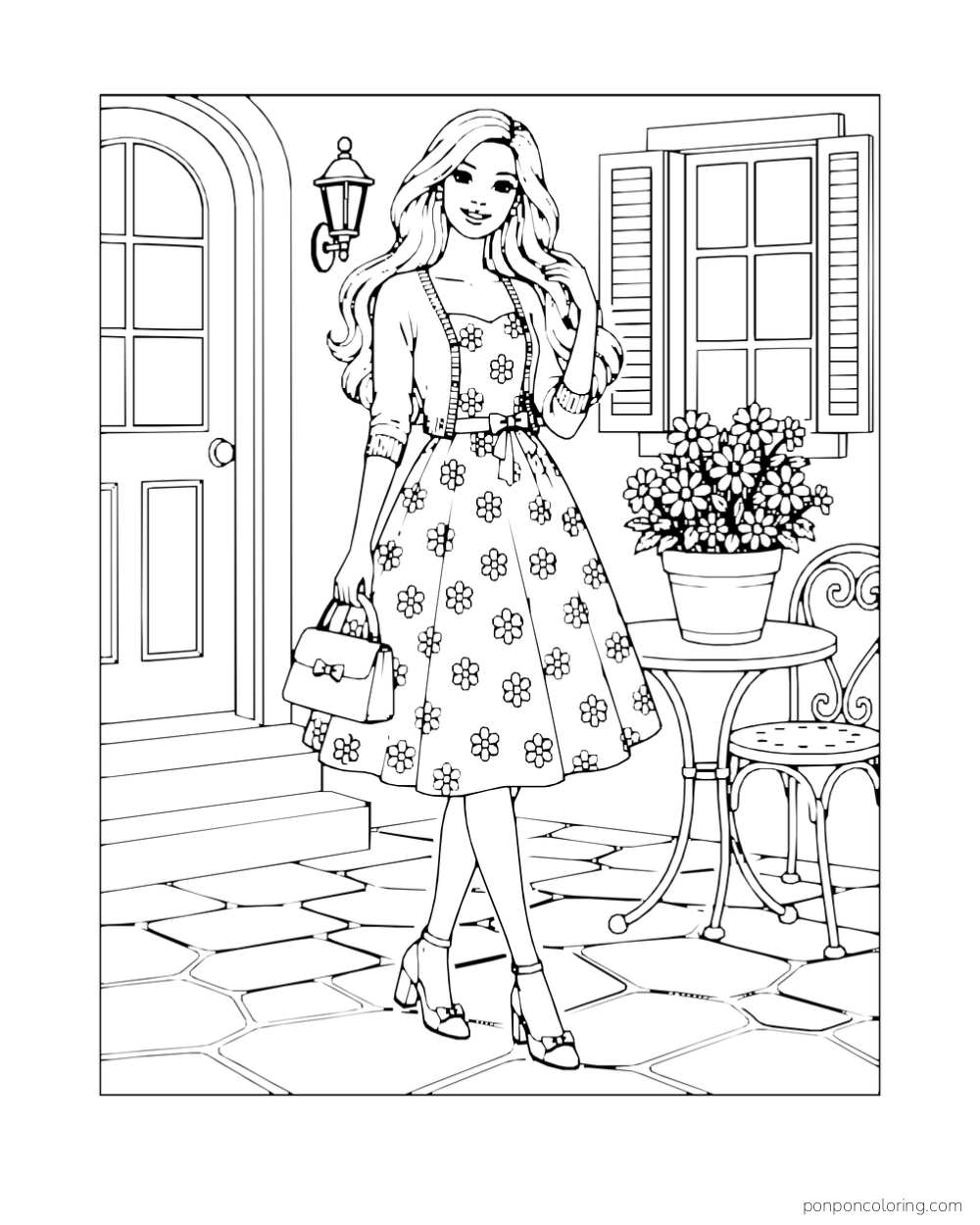 Barbie holds a small handbag in a flower-print dress and cardigan beside a doorway, window and potted daisies.