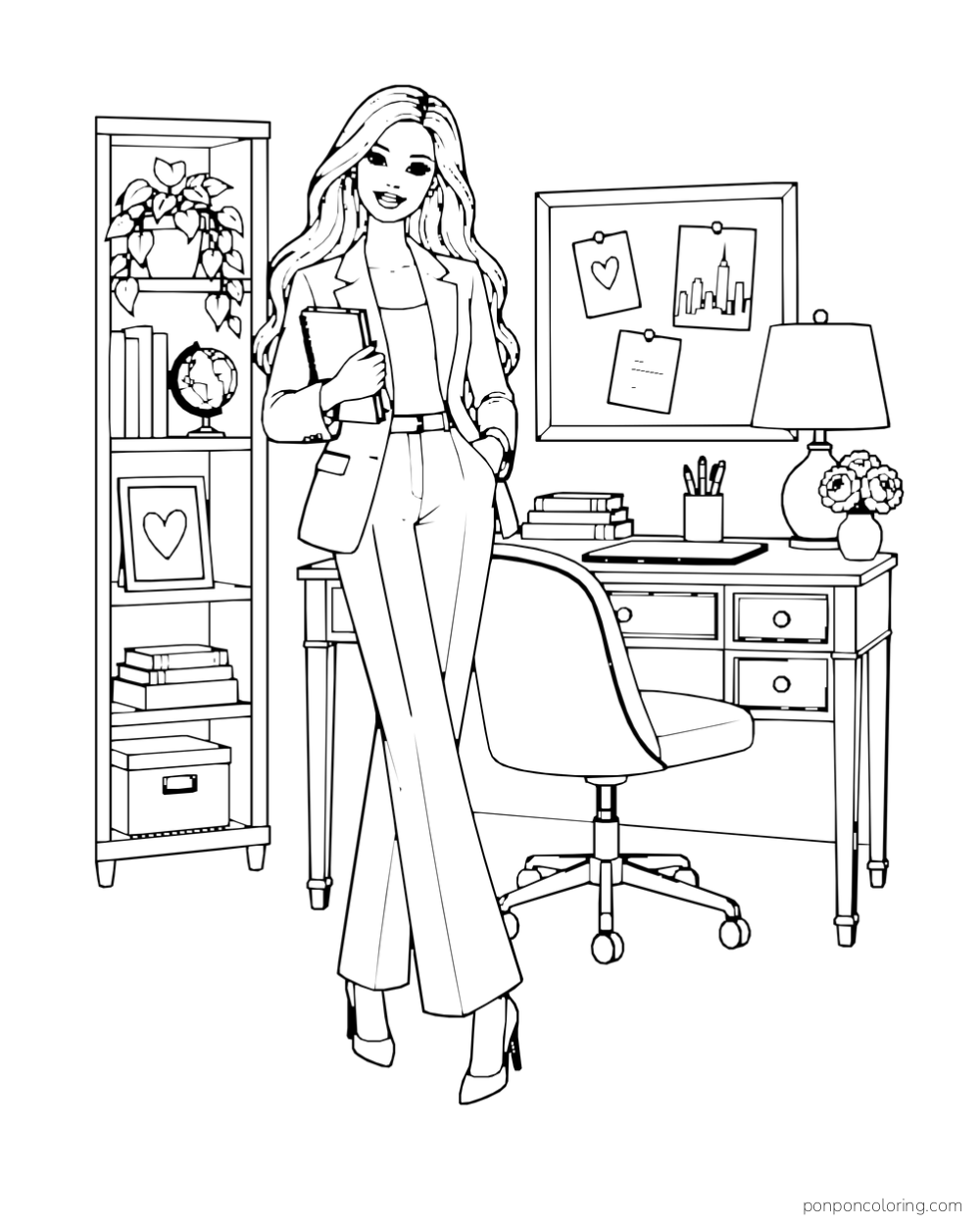 Barbie holds a notebook in a pantsuit beside a desk, office chair and narrow bookcase.