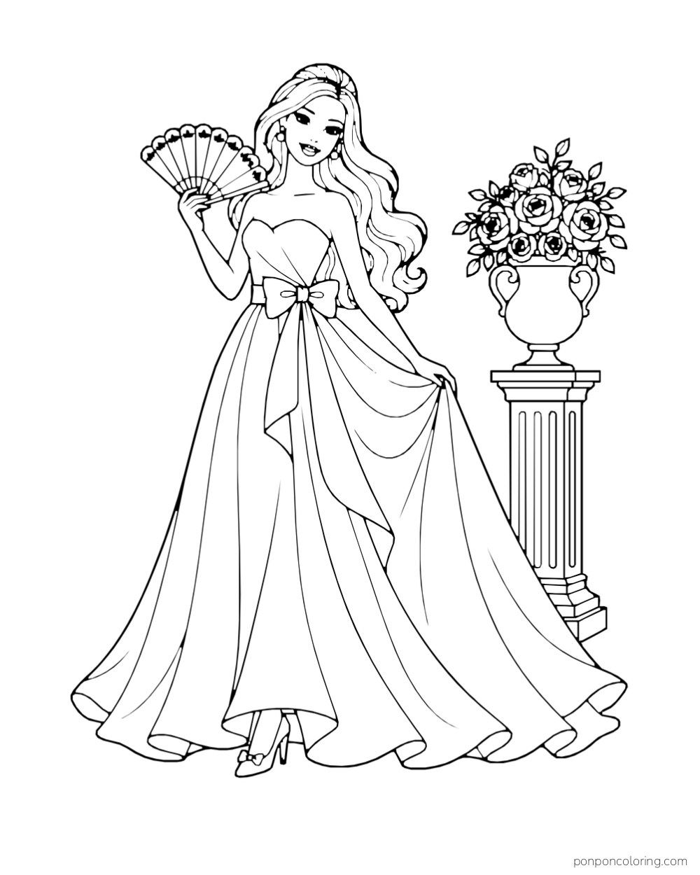 Barbie holds a fan in a flowing gown beside a pedestal topped with a vase of roses.