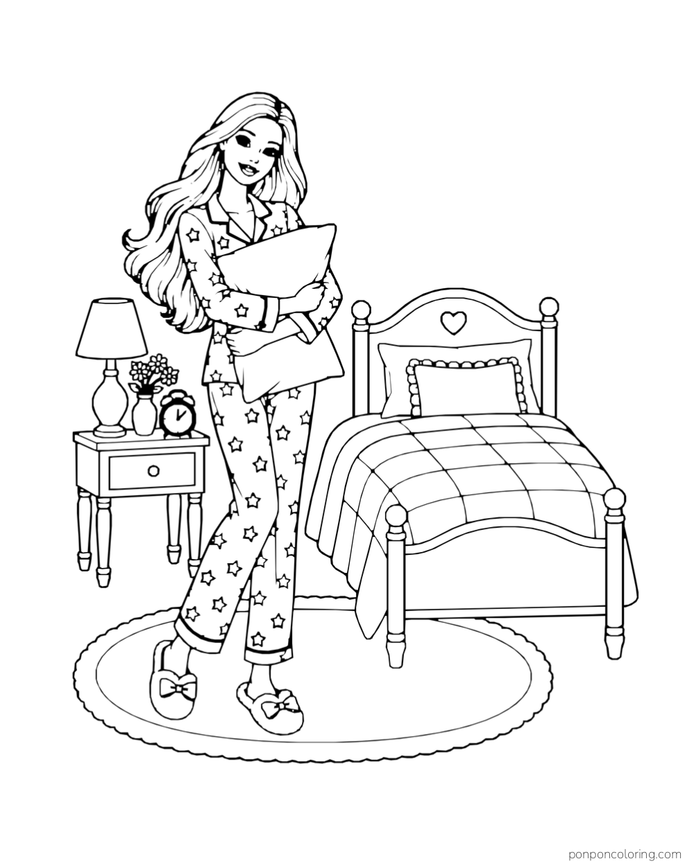 Barbie holds pillows in star-patterned pajamas beside a bed, bedside lamp and oval rug.