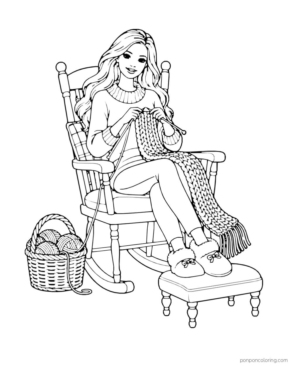 Barbie knits a long scarf in a rocking chair beside a yarn basket with her feet resting on a footstool.