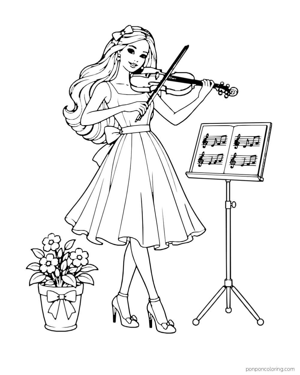 Barbie plays the violin beside a music stand and a flowerpot.