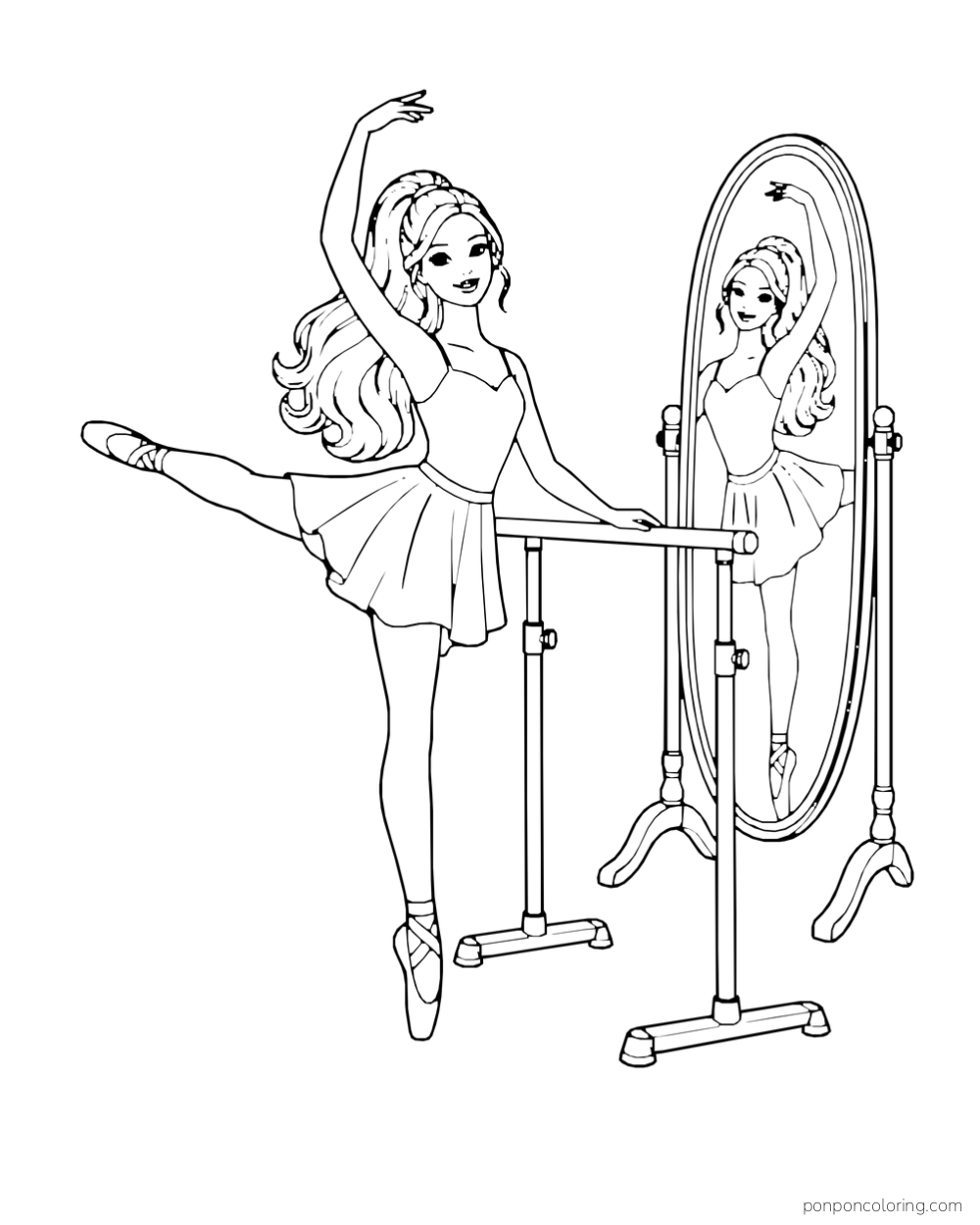 Barbie practices at a freestanding ballet barre beside an oval standing mirror.
