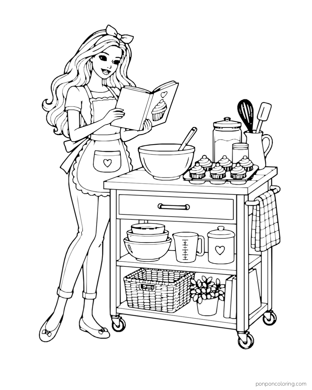 Barbie reads a cookbook beside a kitchen cart with a mixing bowl, cupcakes and baking supplies.