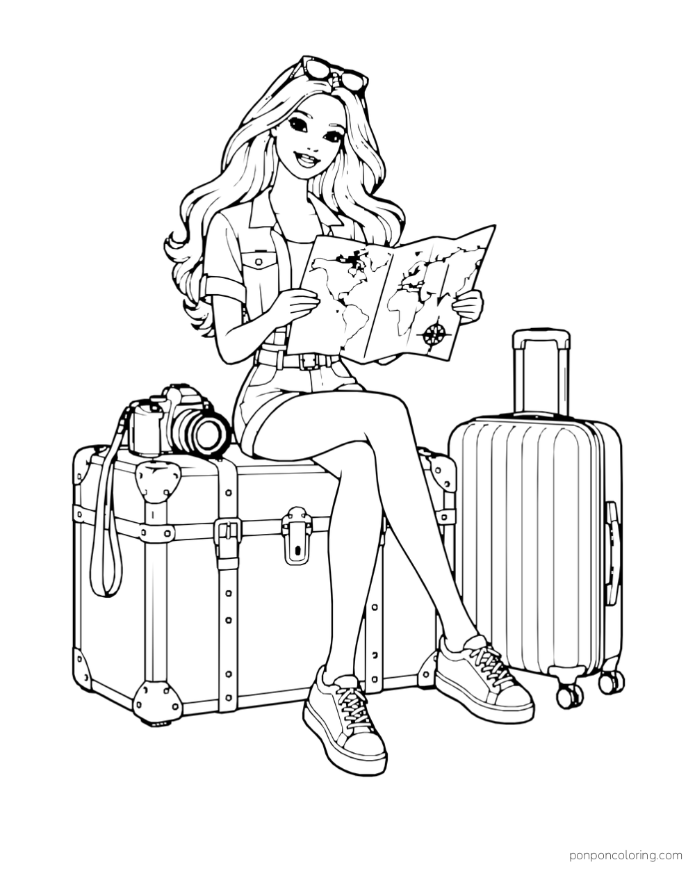 Barbie reads a map while sitting on a travel trunk beside a camera and rolling suitcase.