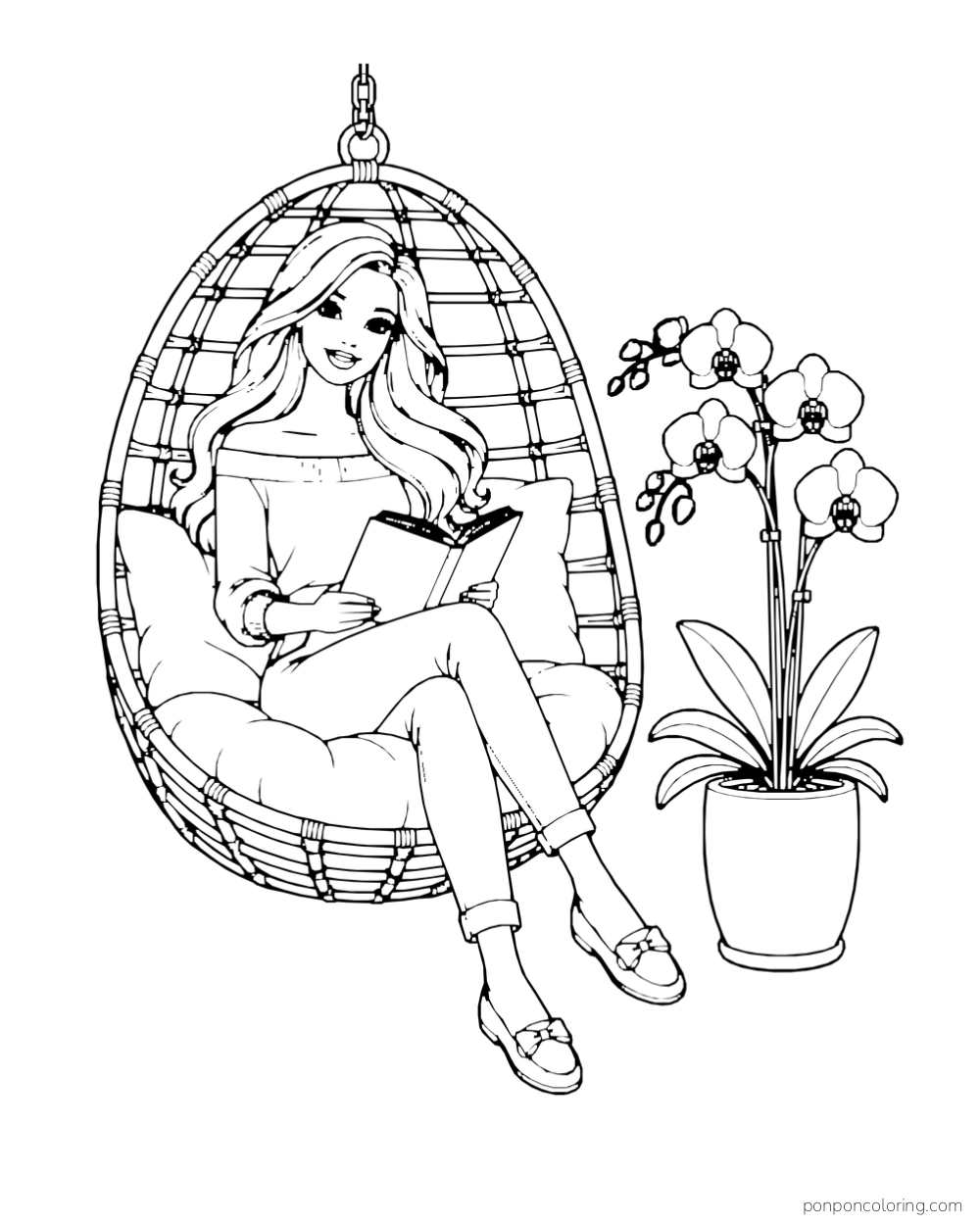 Barbie reads in a hanging basket chair beside a pot of orchids.