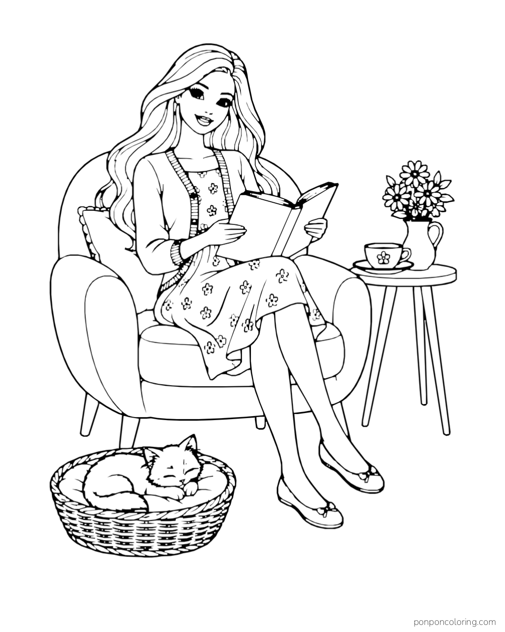 Barbie reads in a rounded armchair beside a kitten sleeping in a basket and a teacup with daisies on a side table.