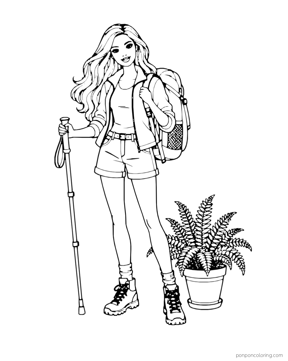 Barbie carries a backpack and walking pole beside a potted fern.