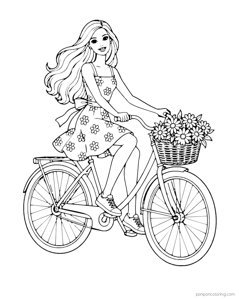 Barbie rides a bicycle with a basket of flowers while wearing a floral dress.
