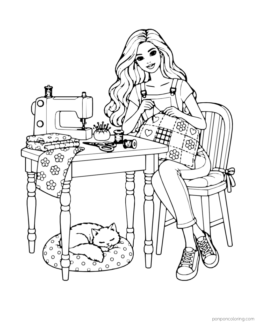 Barbie sews a patchwork cushion beside a sewing machine, thread and scissors while a cat sleeps under the table.