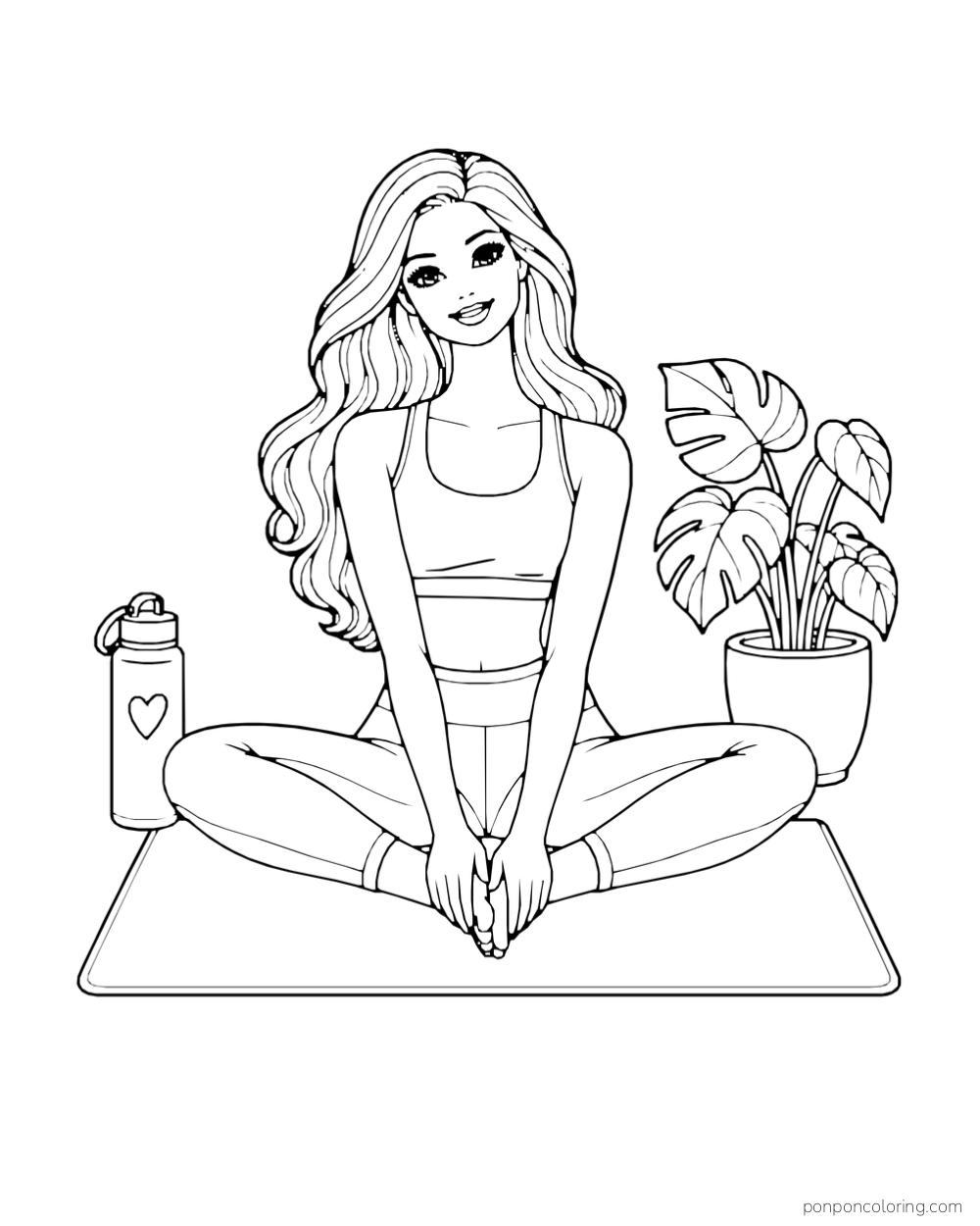 Barbie sits with the soles of her feet together on a mat beside a water bottle and potted plant.
