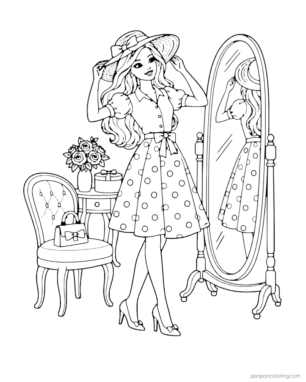 Barbie wears a hat and polka-dot skirt beside an oval standing mirror, a chair with a handbag and a small flower table.