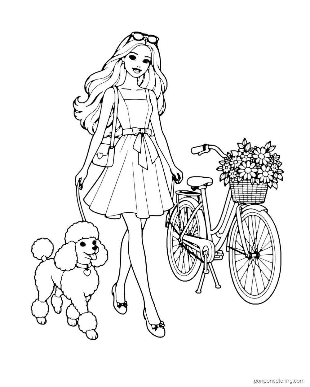 Barbie holds a poodle on a leash beside a bicycle with a basket of flowers.