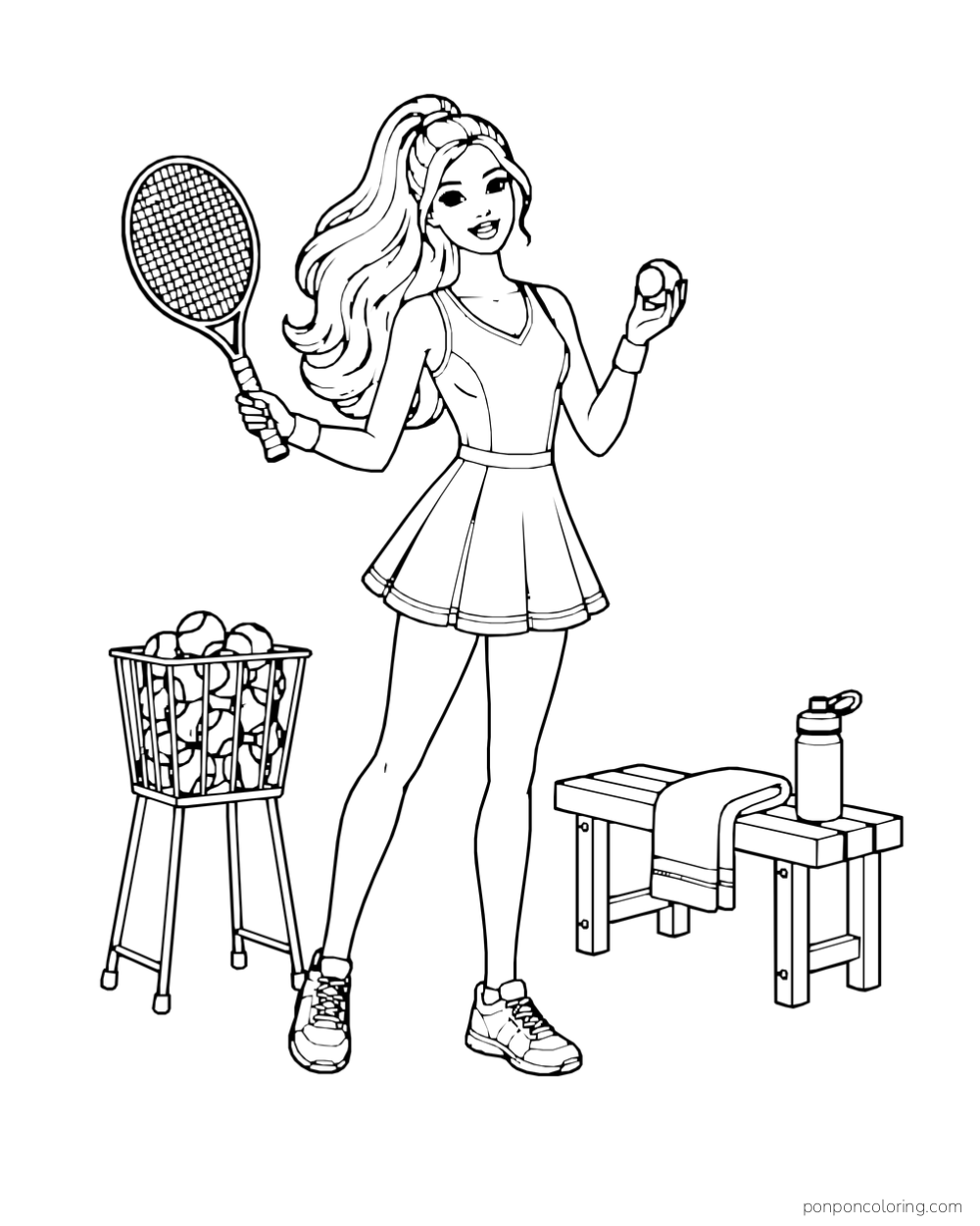 Barbie holds a racket and tennis ball beside a basket of balls, bench, towel and water bottle.