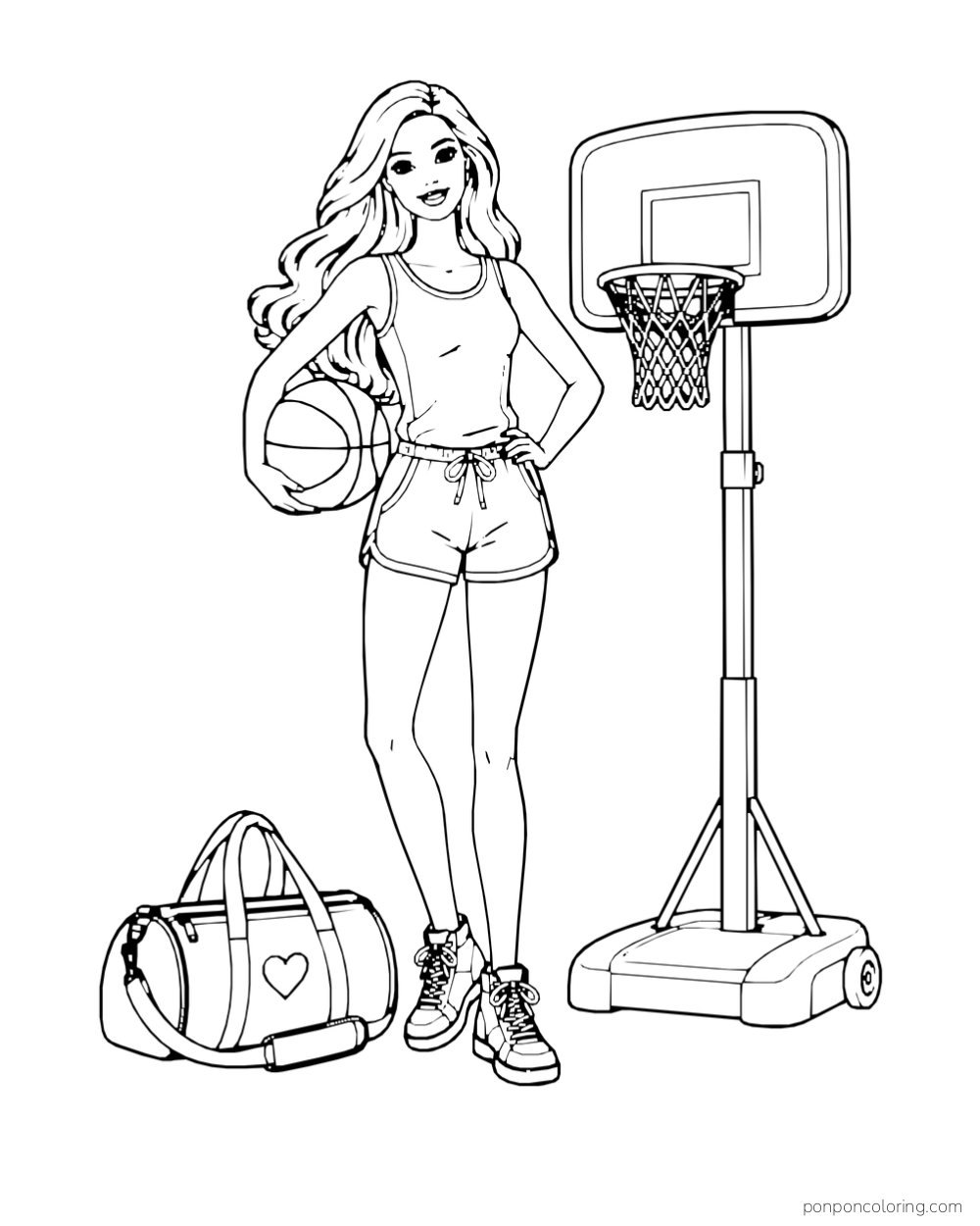 Barbie holds a basketball beside a portable hoop and sports bag.