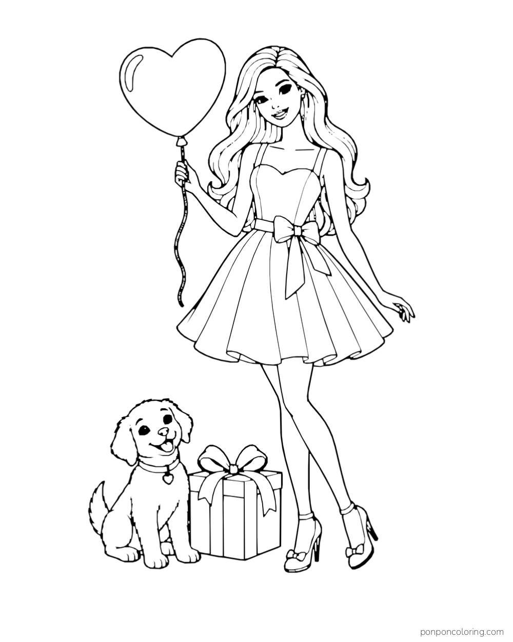 Barbie holds a heart-shaped balloon beside a puppy and wrapped gift.