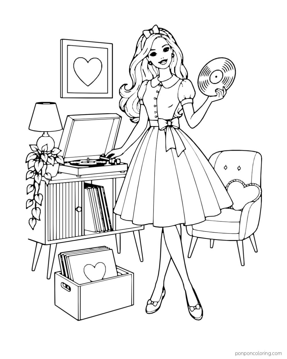 Barbie holds a record beside a record player, cabinet, lamp and armchair while wearing a swing dress.