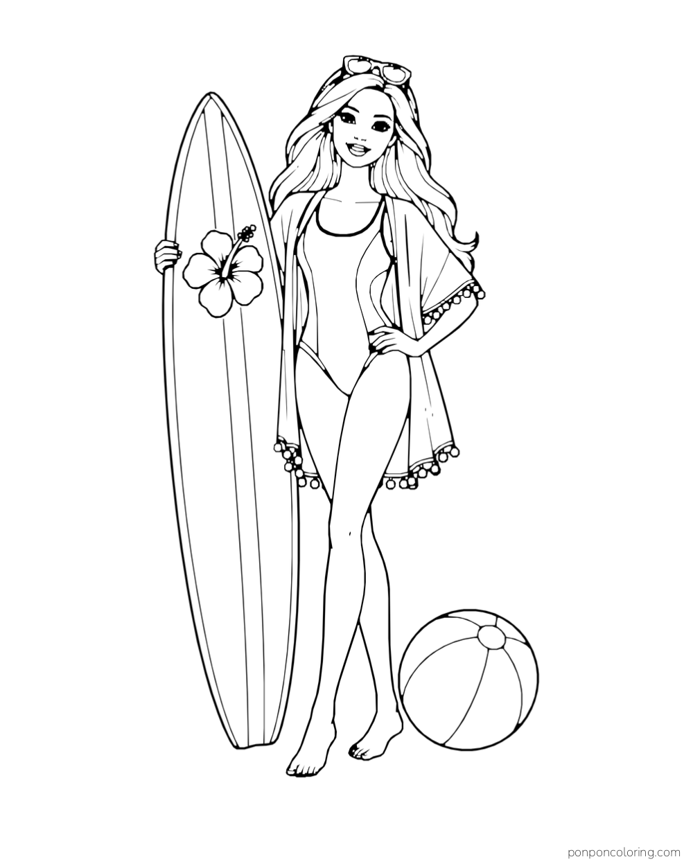 Barbie stands with a flower-decorated surfboard beside a beach ball.