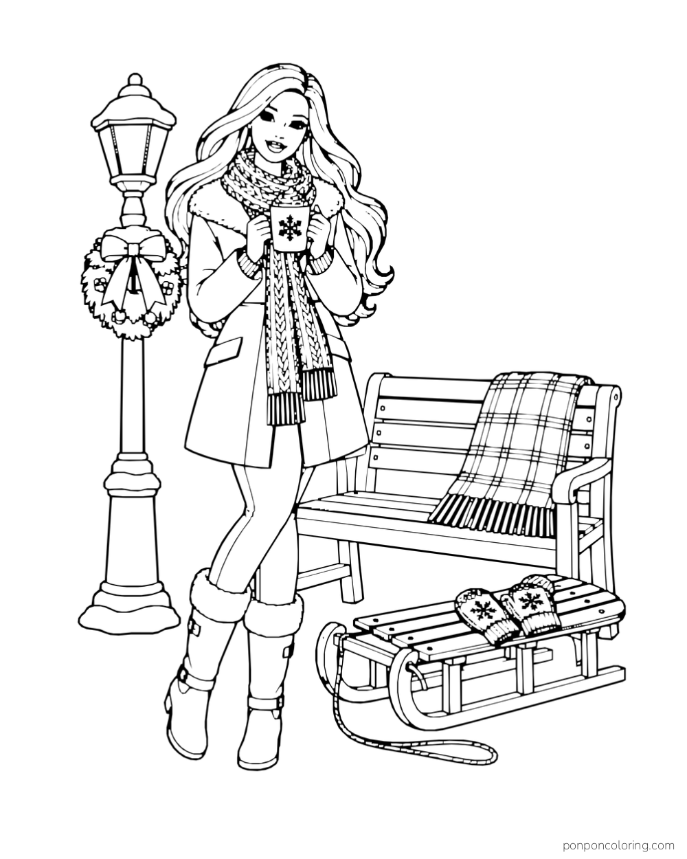 Barbie holds a mug in a winter coat and scarf beside a bench, lamp and sled with mittens.