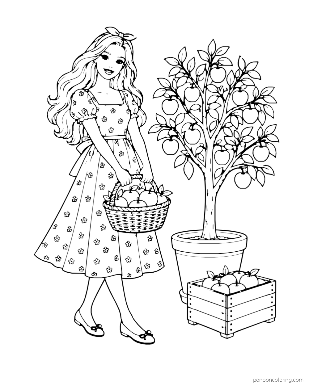Barbie holds a basket of apples beside a potted apple tree and a wooden crate of fruit.