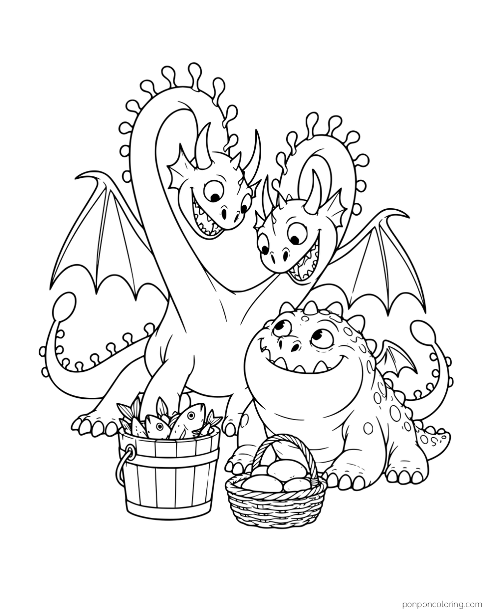 Barf and Belch standing beside Meatlug, a bucket of fish, and a basket of stones.