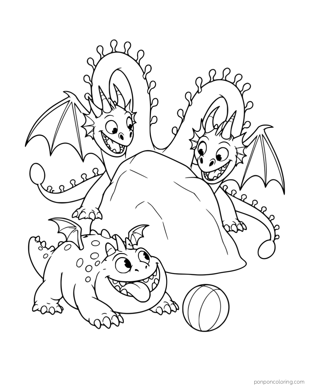 Barf and Belch peeking over a boulder while Meatlug crouches beside a ball.