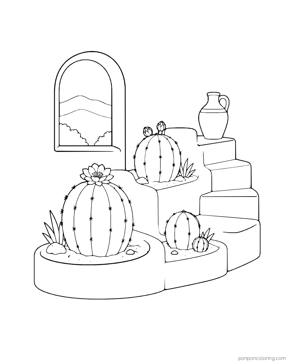 Three barrel cacti grow in rounded beds beside adobe steps, an arched view, and a clay jug.