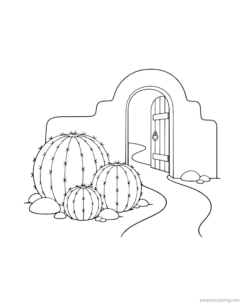 Three round barrel cacti grow beside an arched adobe gate and winding path.