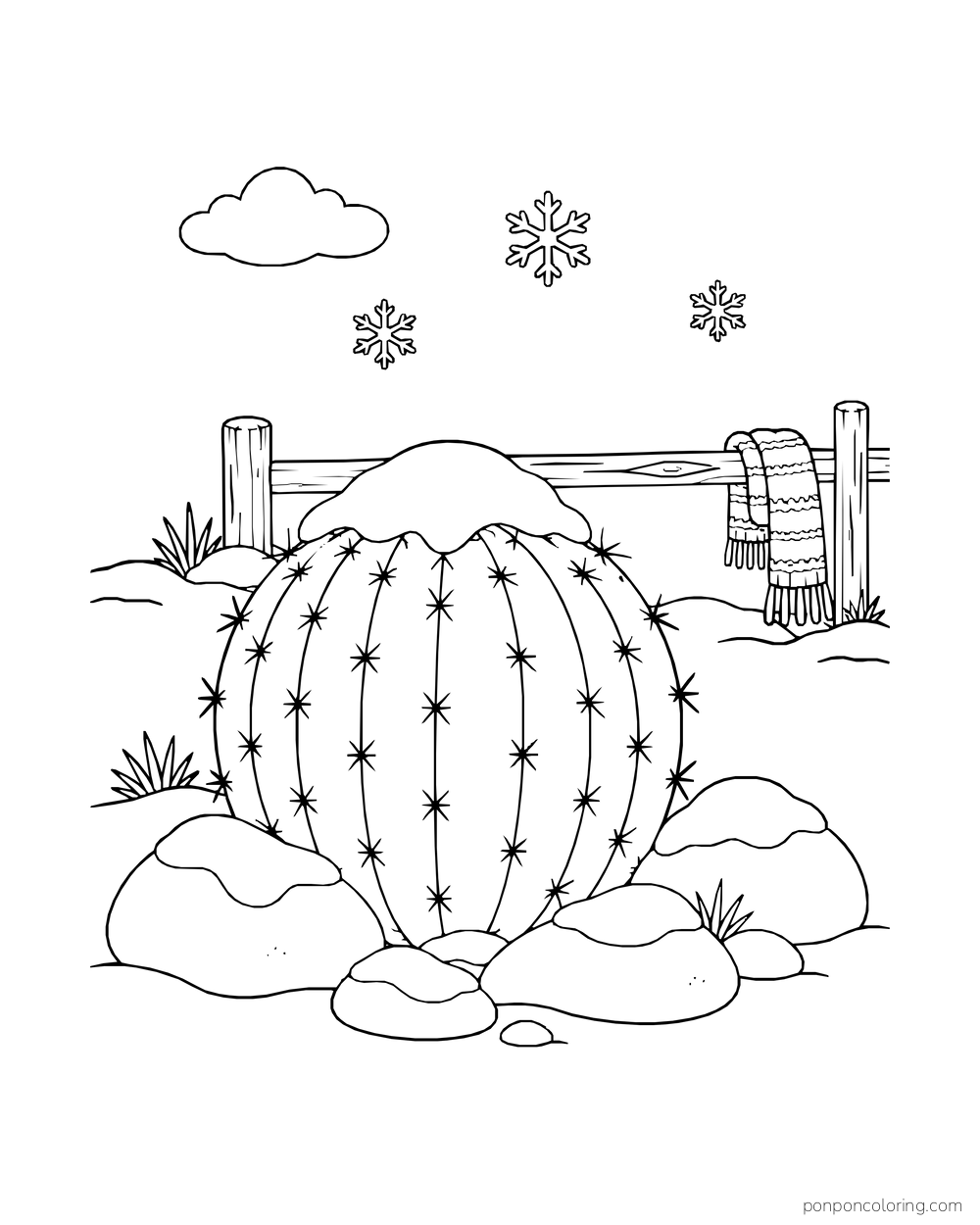 A barrel cactus and nearby stones wear small caps of snow beneath outlined snowflakes.