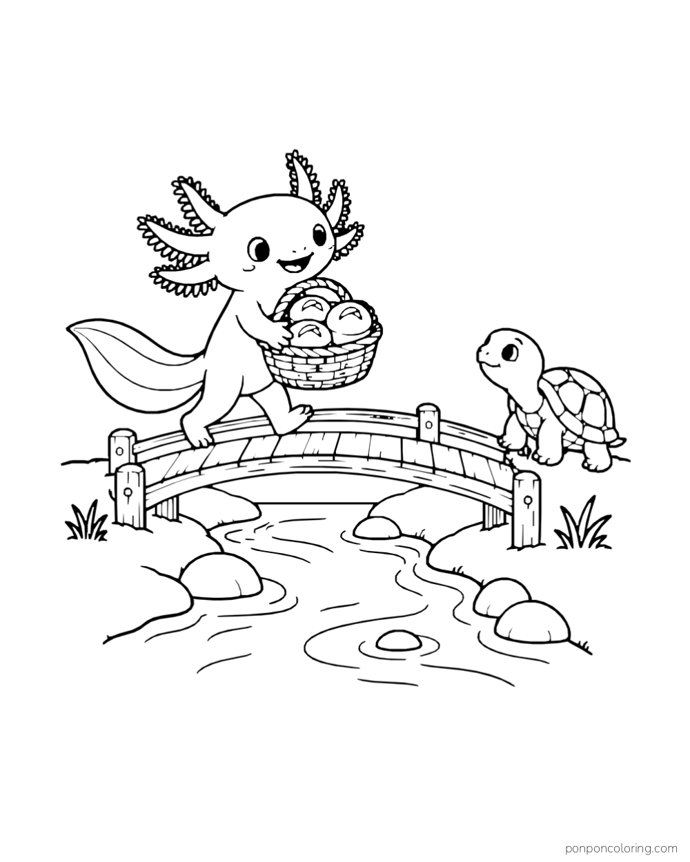 Axolotl carrying a basket of round rolls over a short bridge toward a turtle.